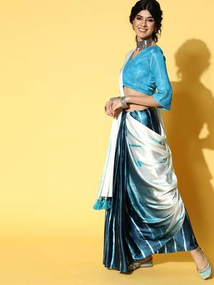 Teal Printed Satin Saree With Blouse 3