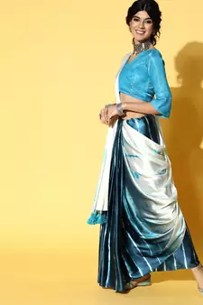 Teal Printed Satin Saree With Blouse