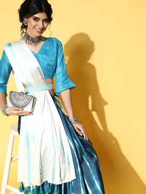 Teal Printed Satin Saree With Blouse 4