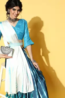 Teal Printed Satin Saree With Blouse