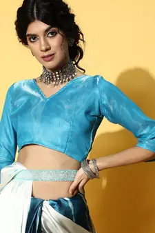 Teal Printed Satin Saree With Blouse