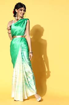 Green Printed Satin Saree With Blouse