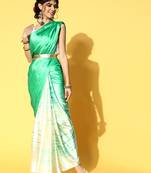 Green Printed Satin Saree With Blouse
