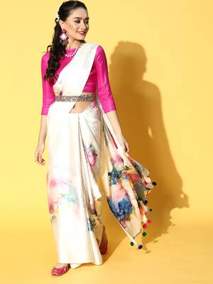 Cream Printed Satin Saree With Blouse 1