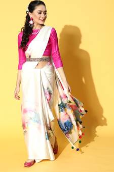 Cream Printed Satin Saree With Blouse
