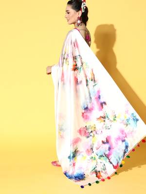 Cream Printed Satin Saree With Blouse 2