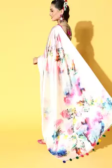 Cream Printed Satin Saree With Blouse