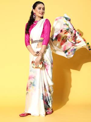Cream Printed Satin Saree With Blouse 3