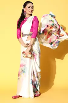 Cream Printed Satin Saree With Blouse
