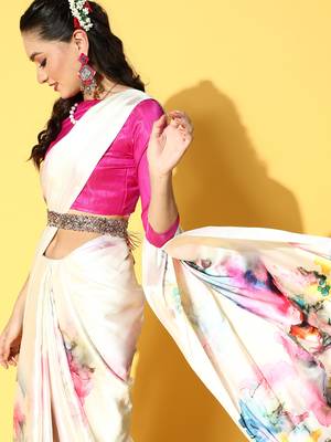 Cream Printed Satin Saree With Blouse 4
