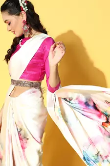 Cream Printed Satin Saree With Blouse
