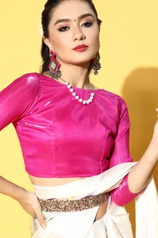 Cream Printed Satin Saree With Blouse