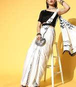 Cream Printed Satin Saree With Blouse