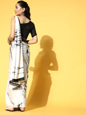 Cream Printed Satin Saree With Blouse 2