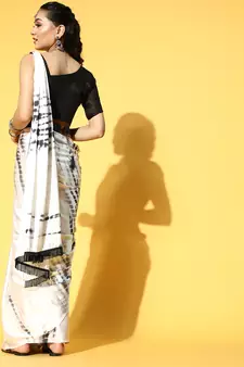 Cream Printed Satin Saree With Blouse