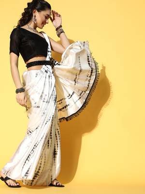 Cream Printed Satin Saree With Blouse 3