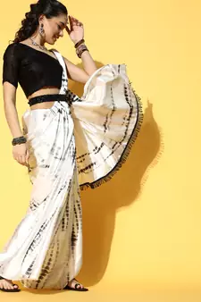 Cream Printed Satin Saree With Blouse