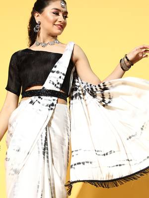 Cream Printed Satin Saree With Blouse 4
