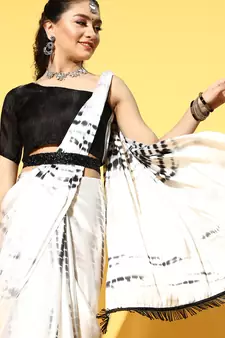 Cream Printed Satin Saree With Blouse