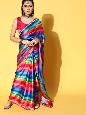 Multicolor Printed Satin Saree With Blouse 1