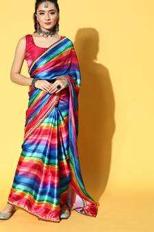 Multicolor Printed Satin Saree With Blouse