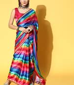 Multicolor Printed Satin Saree With Blouse