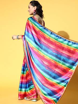 Multicolor Printed Satin Saree With Blouse 2