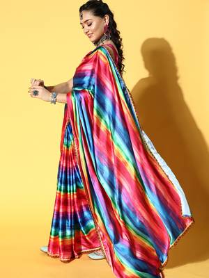 Multicolor Printed Satin Saree With Blouse 3
