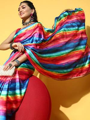 Multicolor Printed Satin Saree With Blouse 4