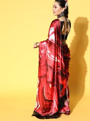 Red Printed Satin Saree With Blouse 2