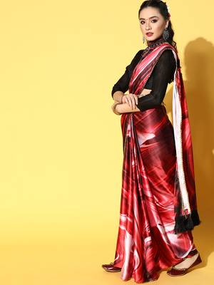 Red Printed Satin Saree With Blouse 3