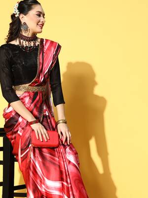 Red Printed Satin Saree With Blouse 4
