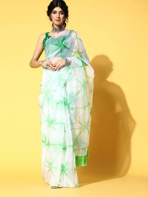 White Printed Organza Saree With Blouse 1