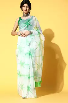 White Printed Organza Saree With Blouse