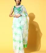 White Printed Organza Saree With Blouse
