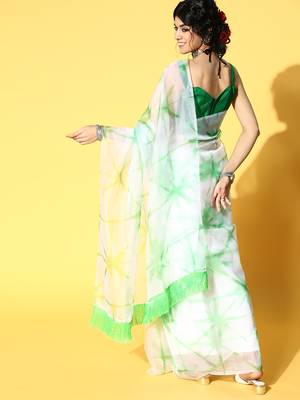 White Printed Organza Saree With Blouse 2
