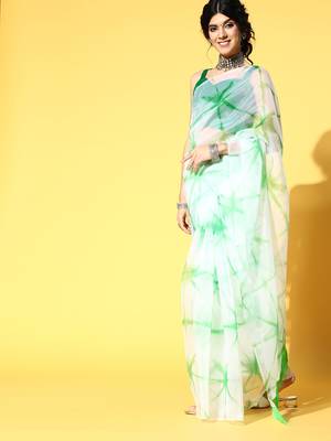 White Printed Organza Saree With Blouse 3