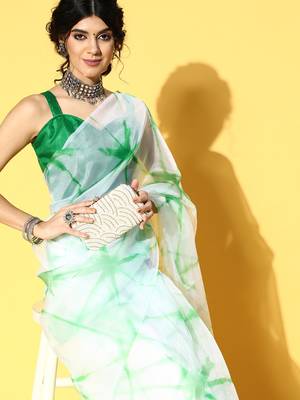 White Printed Organza Saree With Blouse 4
