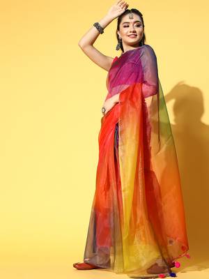 Multicolor Printed Organza Saree With Blouse 3