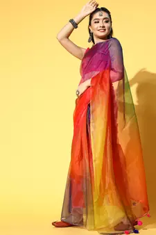 Multicolor Printed Organza Saree With Blouse
