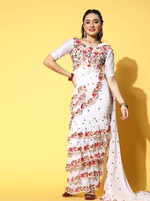 White embroidered georgette saree with blouse 1