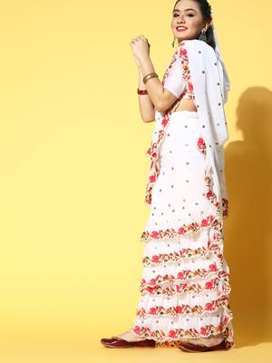 White embroidered georgette saree with blouse 3