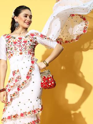 White embroidered georgette saree with blouse 4