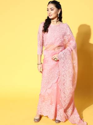 Mauve Embroidered Organza Saree With Blouse 1