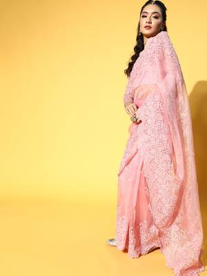 Mauve Embroidered Organza Saree With Blouse 3