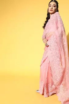 Mauve Embroidered Organza Saree With Blouse