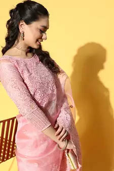 Mauve Embroidered Organza Saree With Blouse