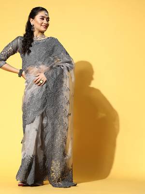 Kimisha Women's Grey Organza Embroidered Saree With Runnig Blouse Piece 1