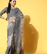 Kimisha Women's Grey Organza Embroidered Saree With Runnig Blouse Piece