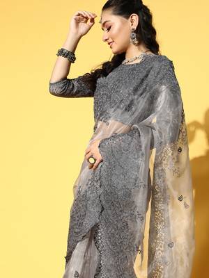 Kimisha Women's Grey Organza Embroidered Saree With Runnig Blouse Piece 4